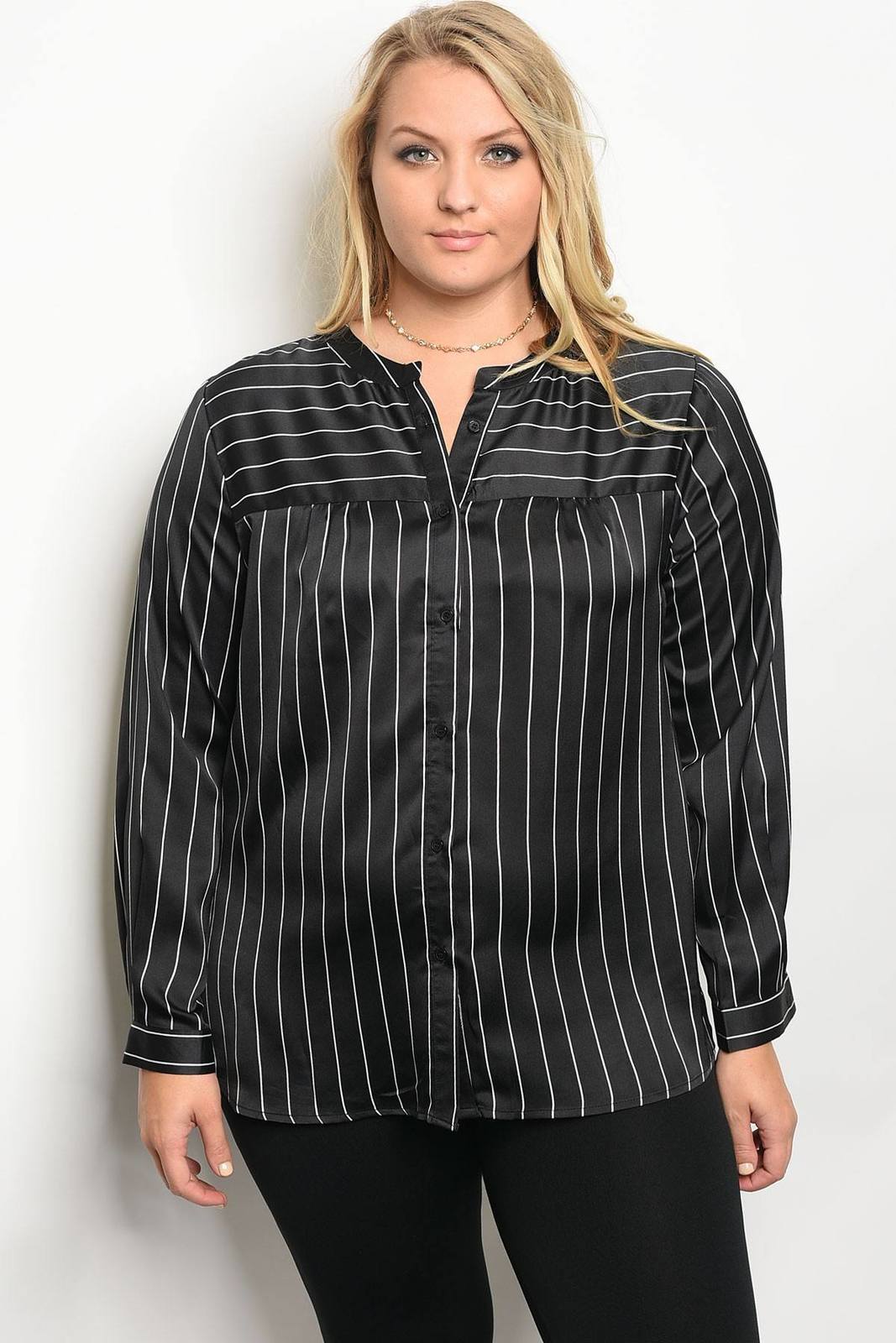 Plus size long sleeve striped satin top with a crew neckline - Tops ...