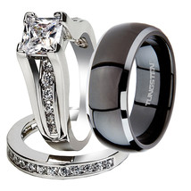 His Hers 3PC Black Titanium &amp; 925 Sterling Silver CZ Wedding Engagemet R... - $42.99