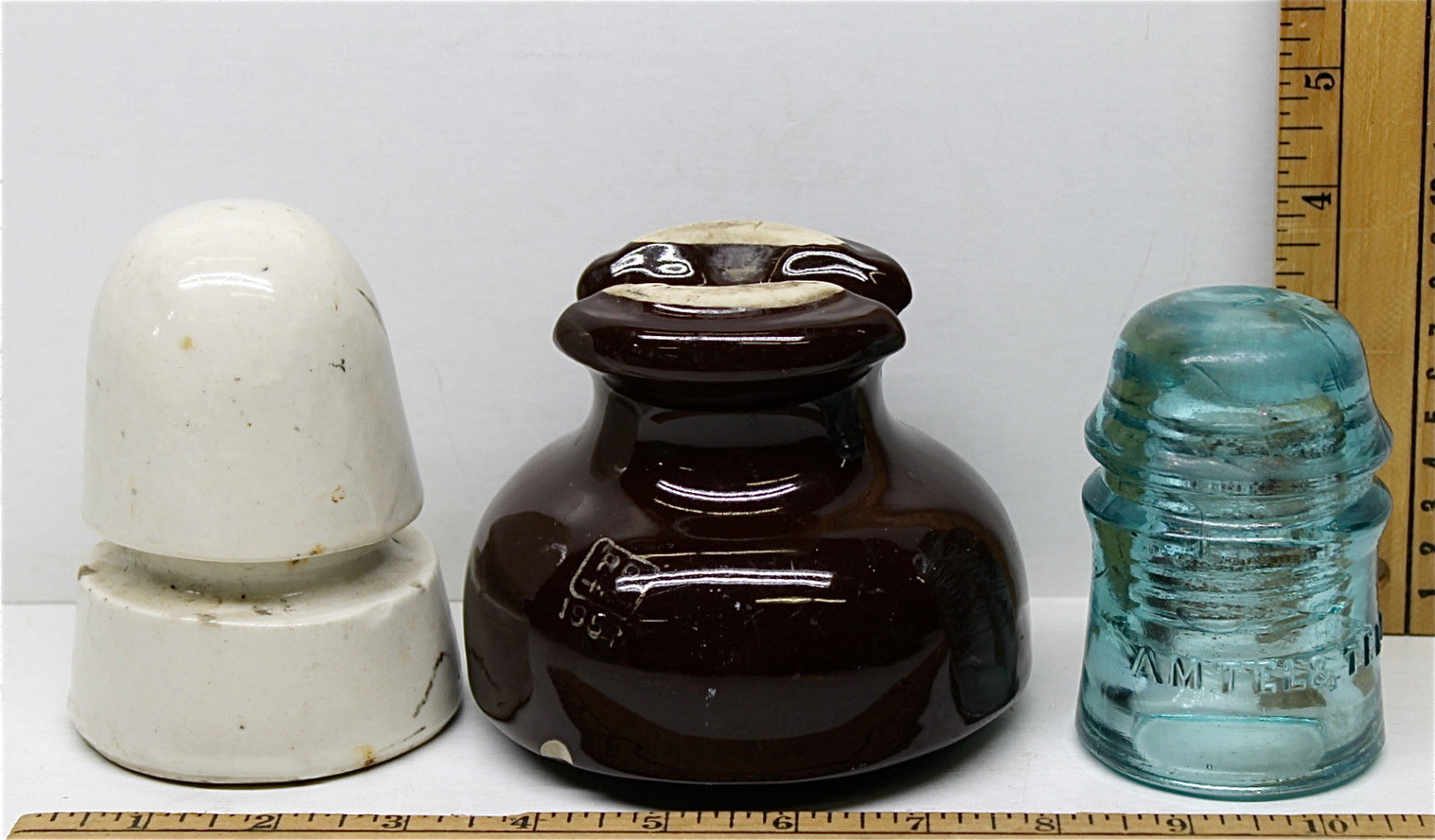 3 Antique Railroad Electric Insulators AM Tel & Tel Co. + PP Inc 1957
