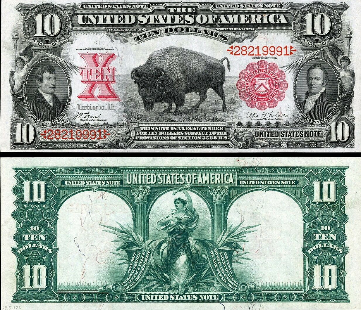 1901 10 BUFFALO US Banknote, Large size, RED seals, Buffaloes! Buffalo
