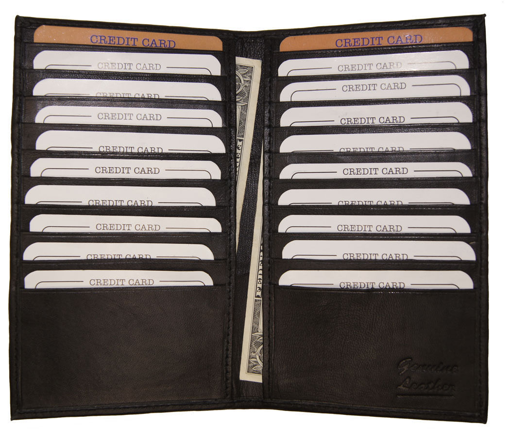 Mens Black Leather Long 20 Credit Card Tall Wallet with Plastic inserts - ID & Document Holders