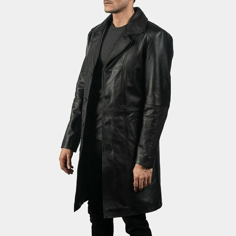 Men trench coat genuine lambskin leather long winter knee length jacket