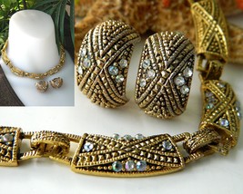 Vintage Choker Necklace Earrings Demi Parure Goldtone AB Rhinestones - $28.95