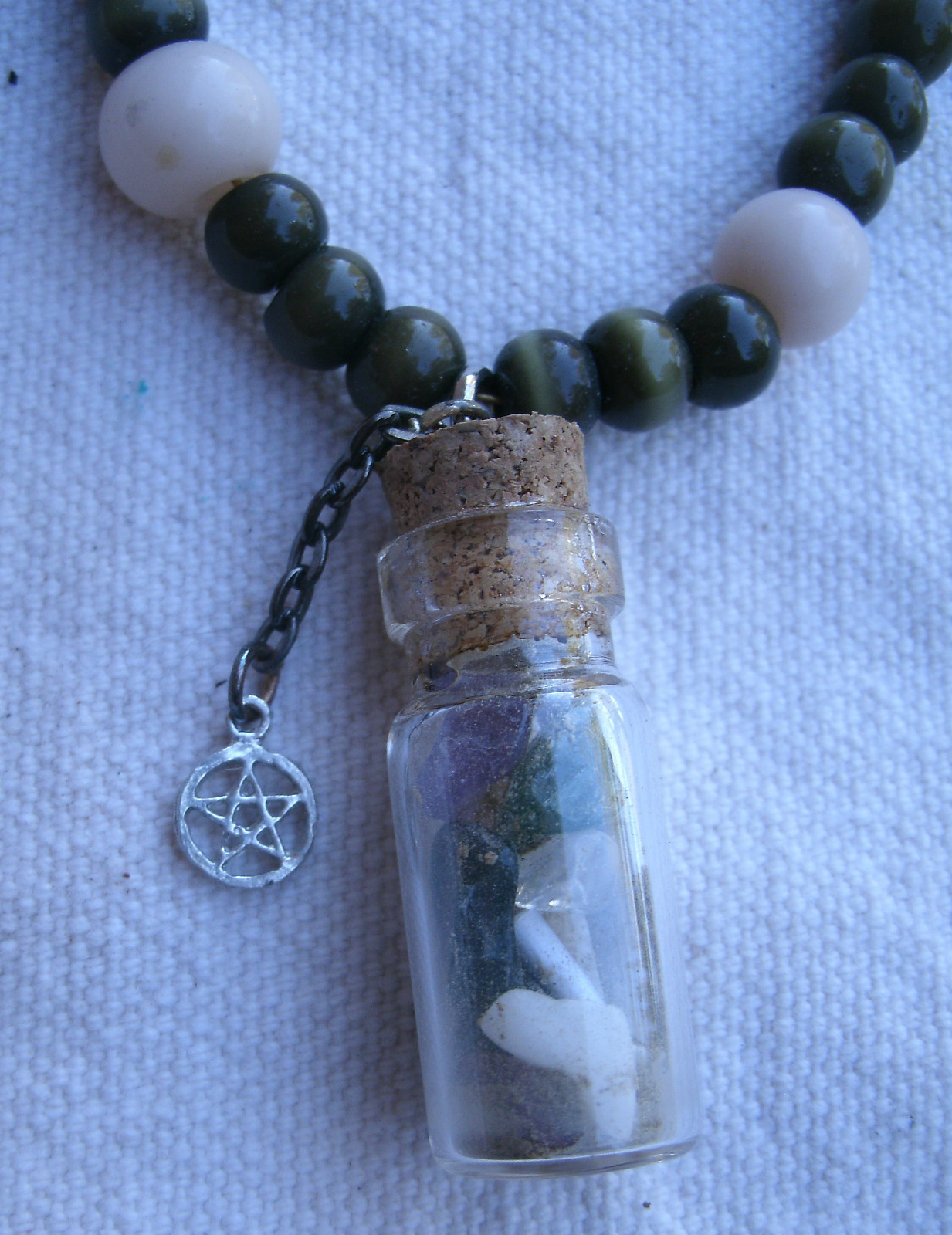 Handmade Protection Charm Spell Bottle Necklace w/ pentacle gemstone