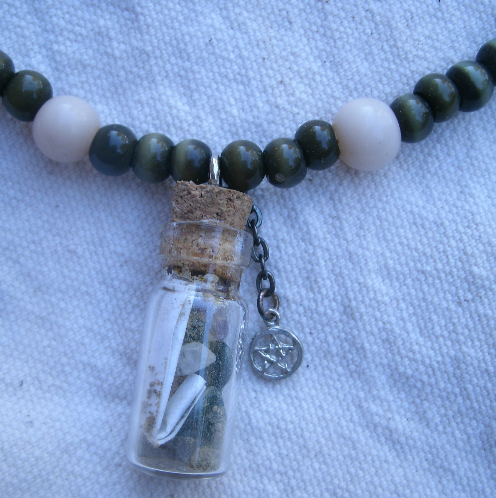 Handmade Protection Charm Spell Bottle Necklace w/ pentacle gemstone