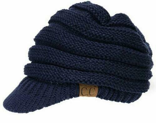 C. C Brand Brim Visor Trim Ponytail Beanie Ski Hat Knitted Bun Cap - Blue Navy