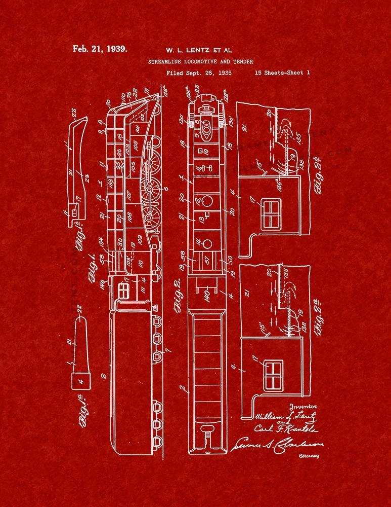 Streamline Locomotive And Tender Patent Print - Burgundy Red