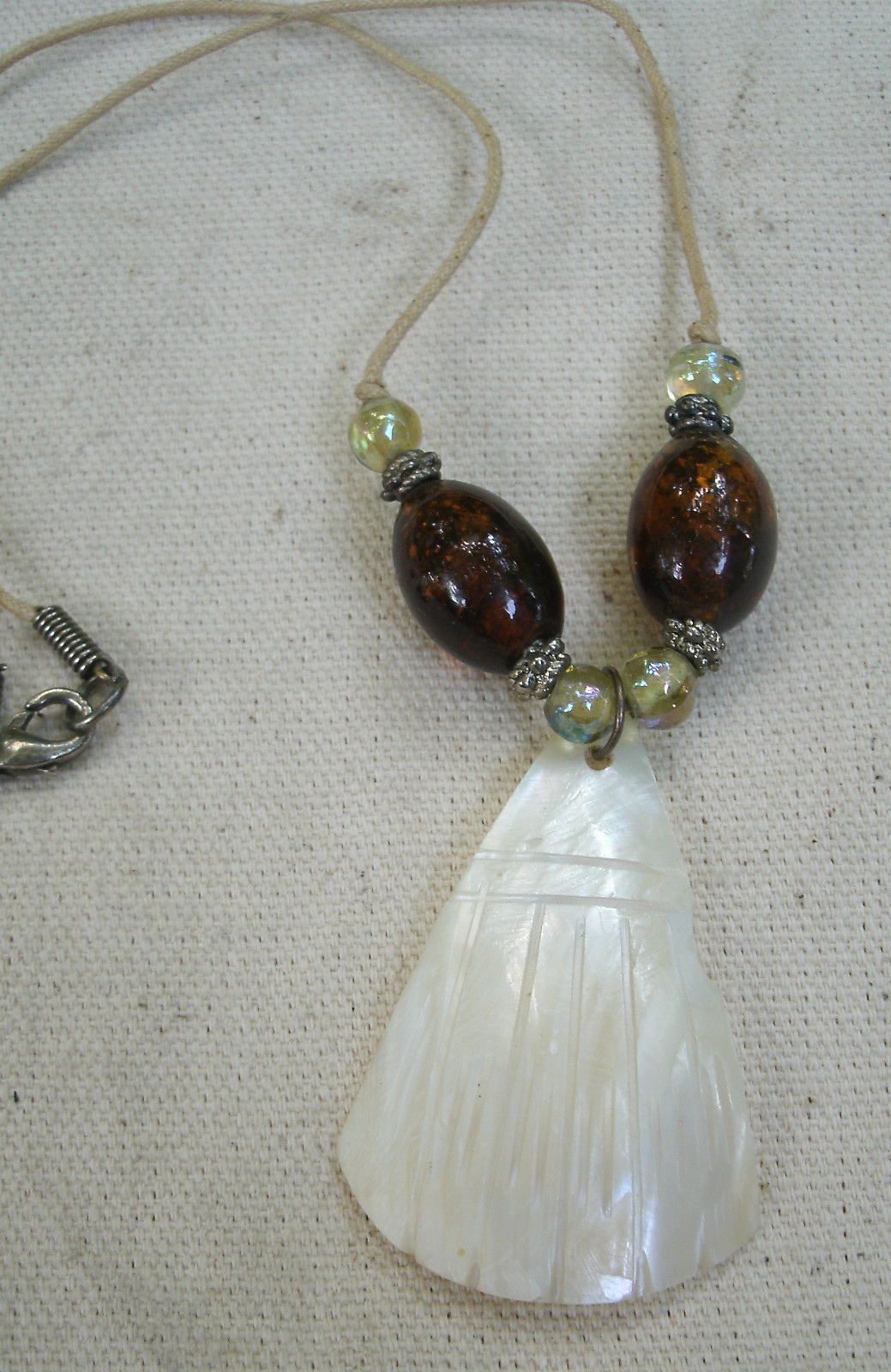 Handmade MOP Shell Necklace w/handmade glass beads,natural cord