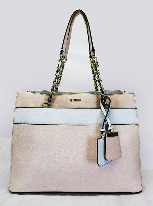 GUESS Katiana Pink&White Chain Strap Girlfriend Satchel Tote Shoulder Bag - Women&#39;s Bags & Handbags