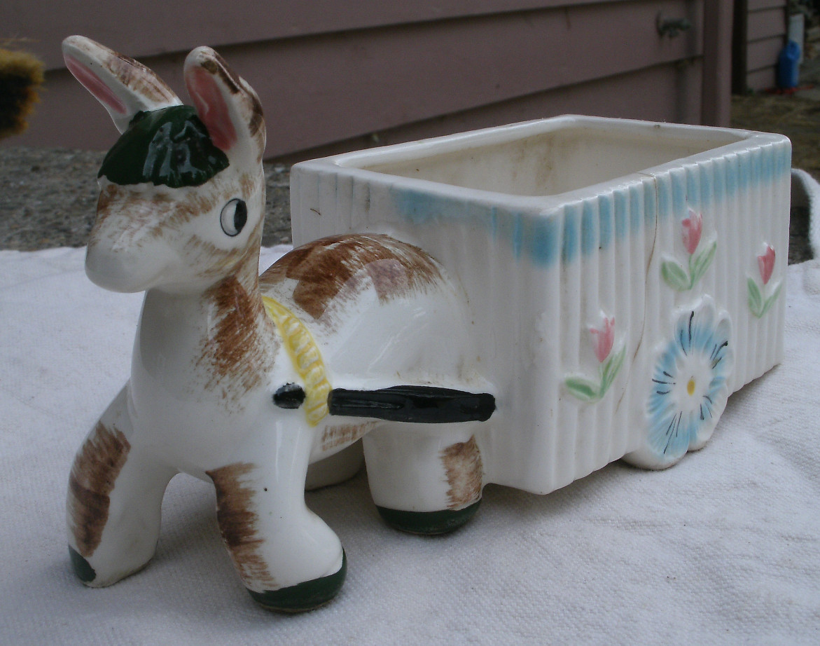 Vintage Donkey Pulling Flower Cart Planter,1950s,pottery/ceramic ...
