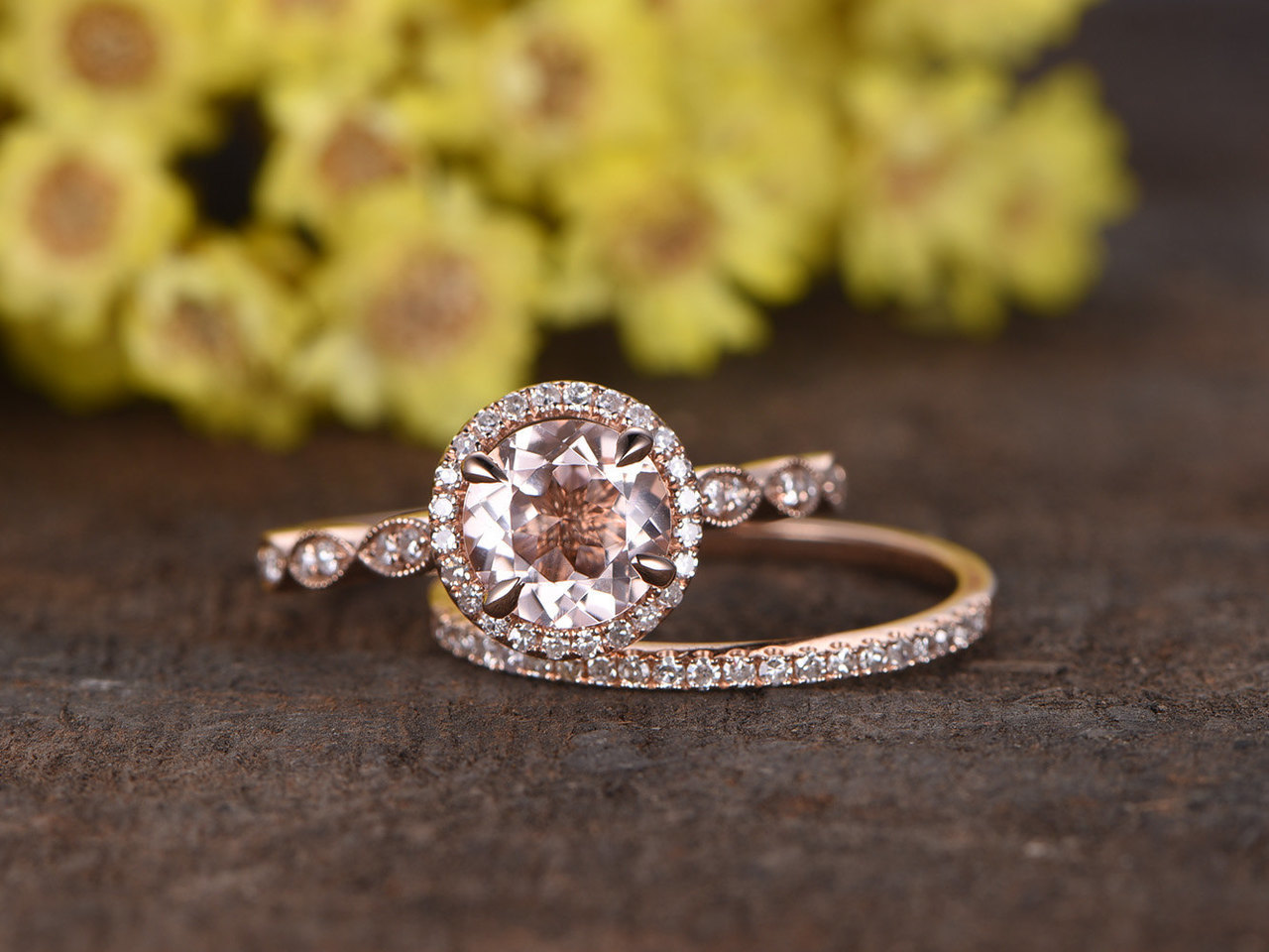 7mm Round Morganite & Diamond Engagement Halo Bridal Ring Set 14K Rose Gold Over