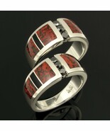 His and Her Dinosaur Bone Wedding Ring Set with Black Diamonds - $990.00