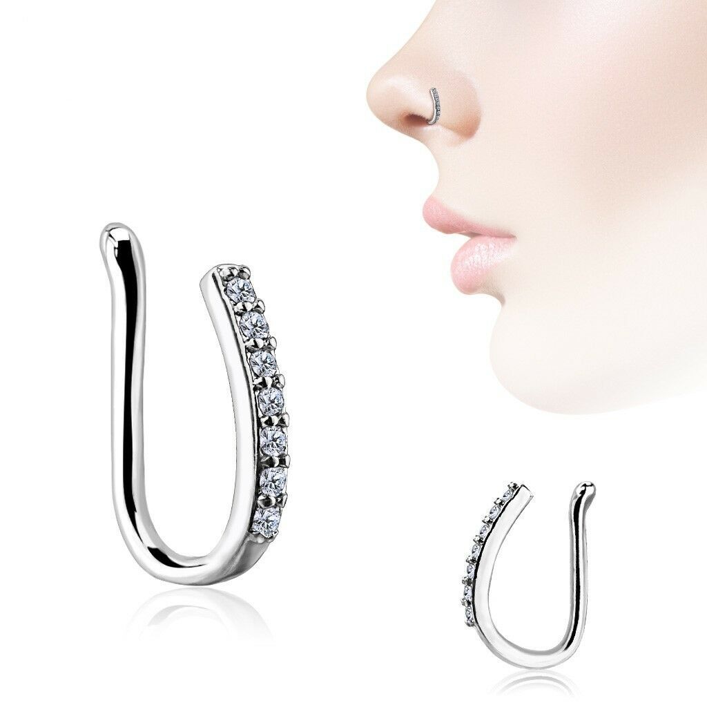 Nose Cuff Faux U Shape Clip On Non Pierce CZ Cubic Zirconia Micro Paved