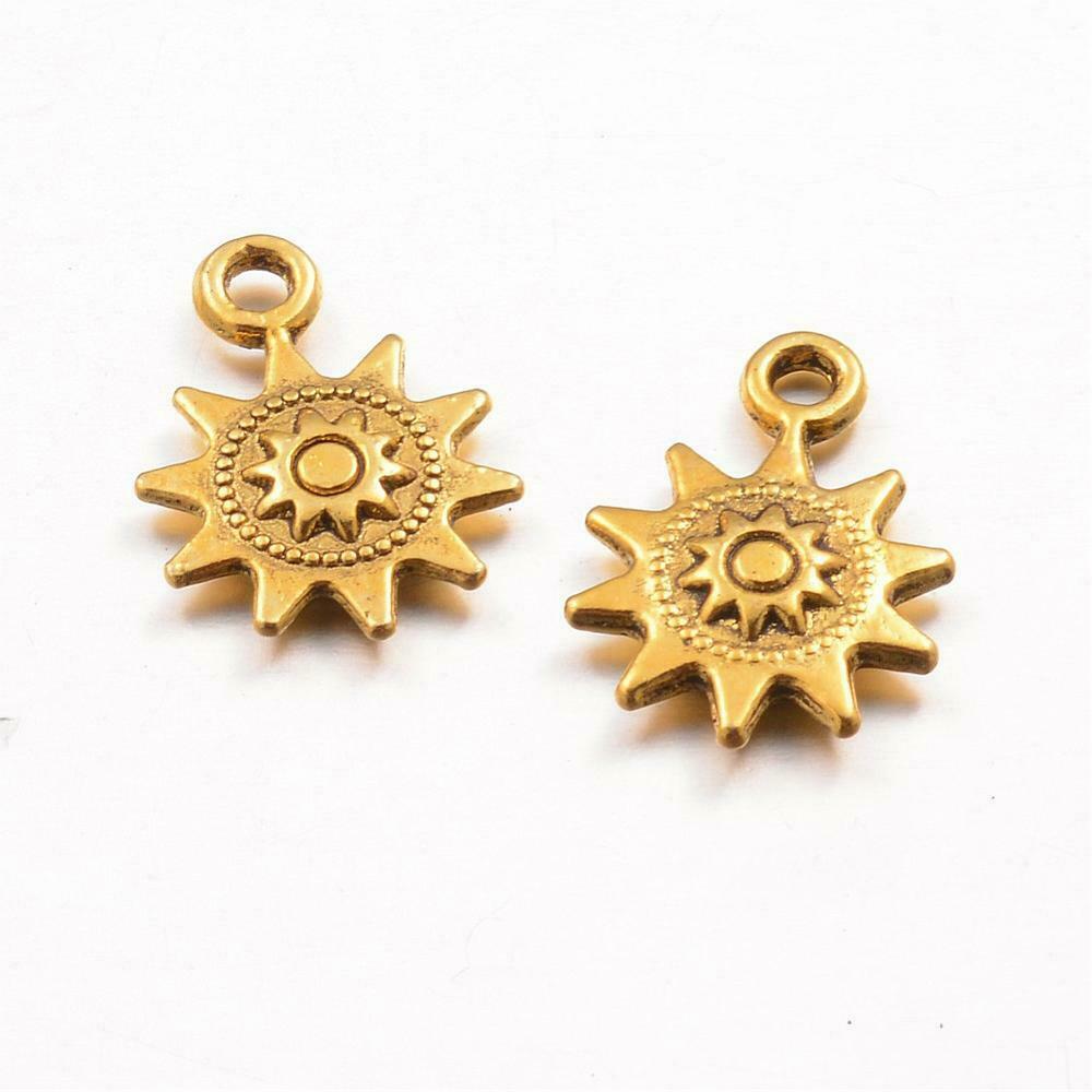 5 Sun Charms Sunshine Pendants Antiqued Gold Findings Jewelry Supplies 18mm