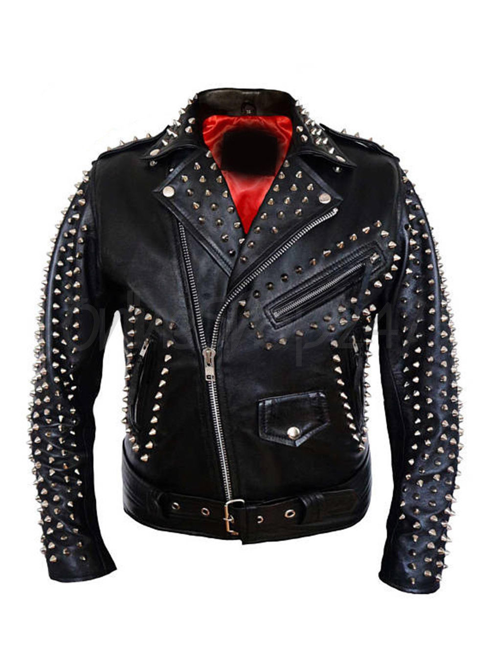 New Mens Punk Johnny Cap Black Full Silver Spiked Studded Brando Leather Jacket