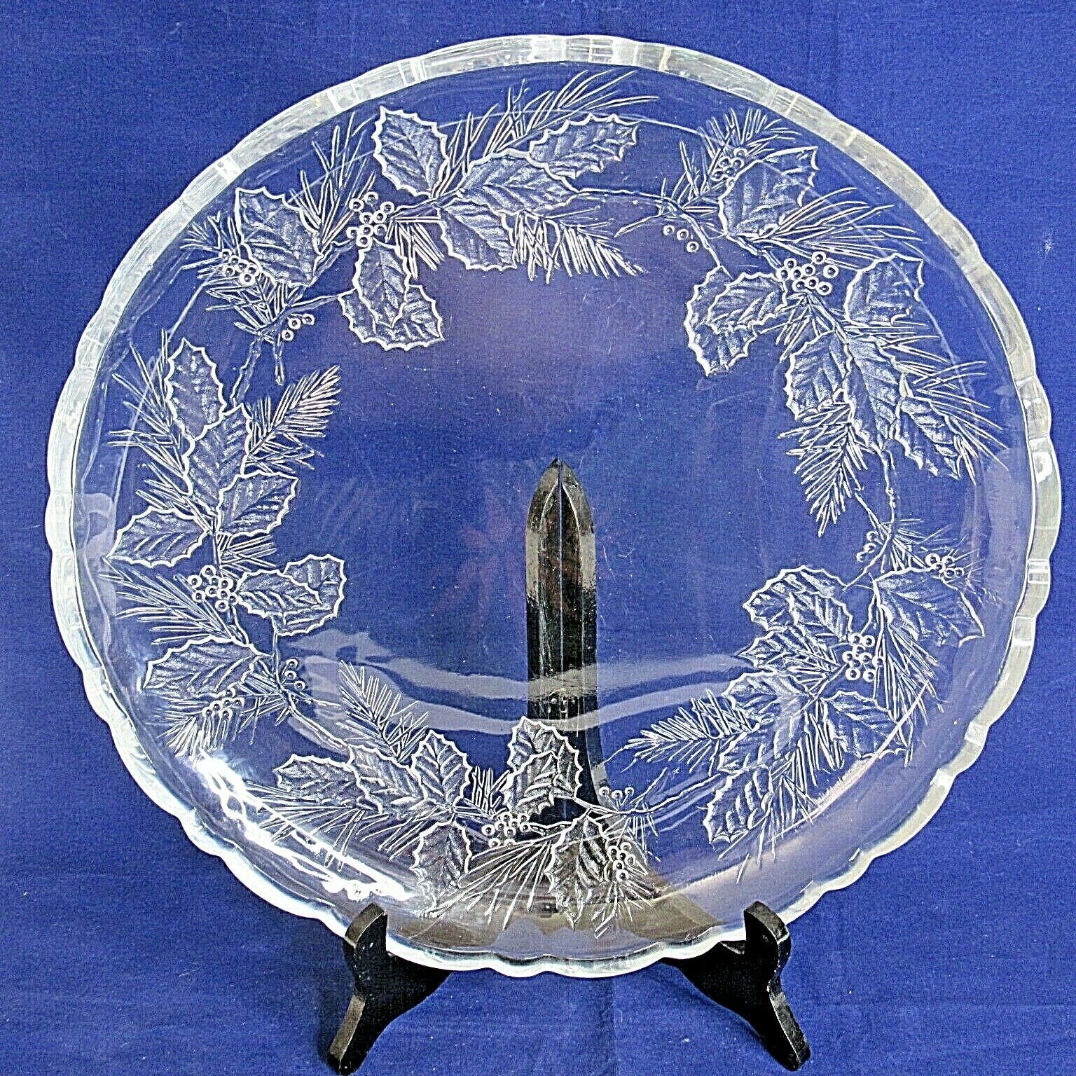 Glass Round Christmas Platter Clear Holly Leaves Scalloped Heavy