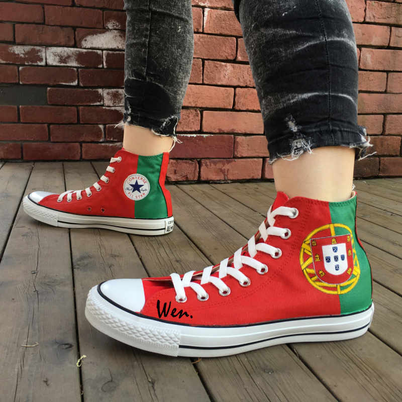 High Top Converse Shoes Portugal Flag Custom Design Hand Painted Canvas Sneakers