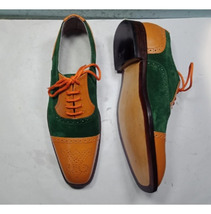 Handmade Green Suede Leather Lace Up Formal Orange Patina Semi Brogue Shoes - £120.68 GBP+