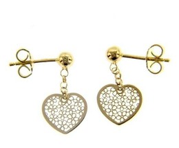 18K YELLOW GOLD PENDANT EARRINGS, FLAT HEART WITH FLOWERS, 20mm, MADE IN ITALY image 1