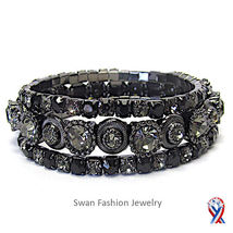 Black Crystal Bracelet Multi-Row Wide Stretch Band Healing Cleansing Gem... - $24.50