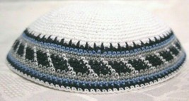 yamaka Kippah Knit Crochet White Black Blue Grey Band Jewish Cap - $8.81