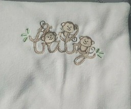 JUST BORN Monkey BABY Blanket Embroidered Tan Cream Green Leaves Secuirty  36x26 - $24.18