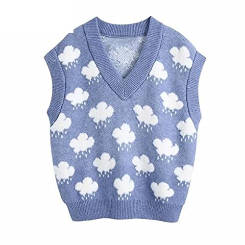 V Neck Cloud Pattern Knitting Sweater Female Sleeveless Casual Slim Vest Chic Le