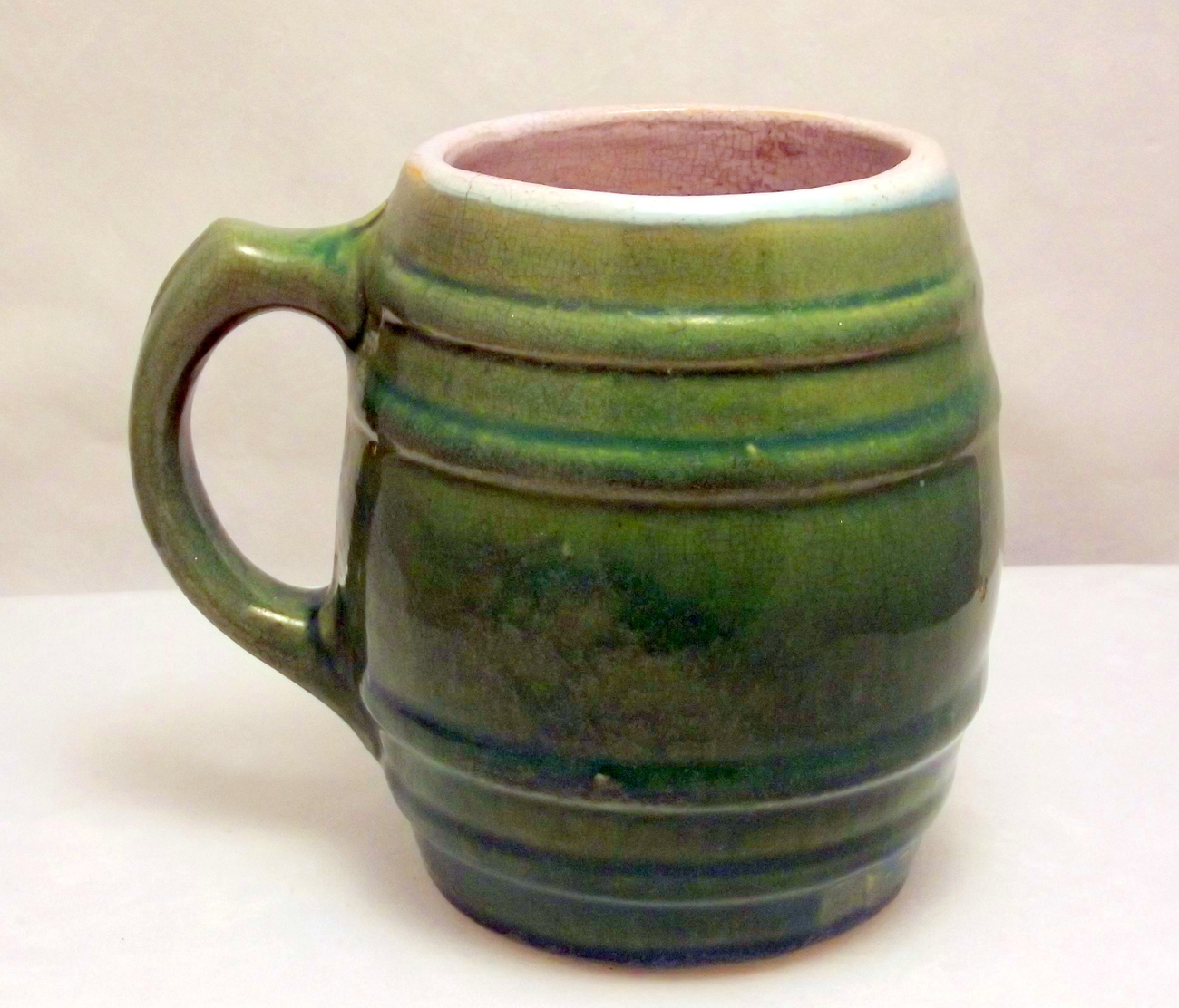 Uhl or McCoy stoneware barrel mug heavy green rustic 1920s pottery - McCoy