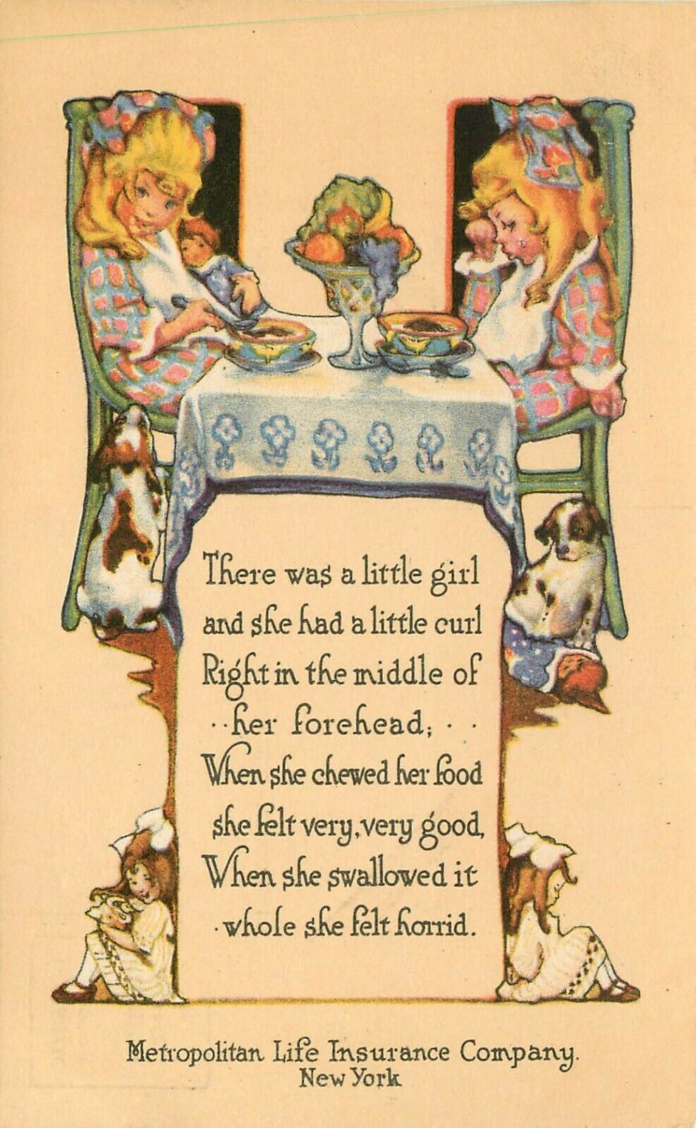 Vintage Postcard; Little Girl with a Curl, Nursery Rhyme, Met Life Ad