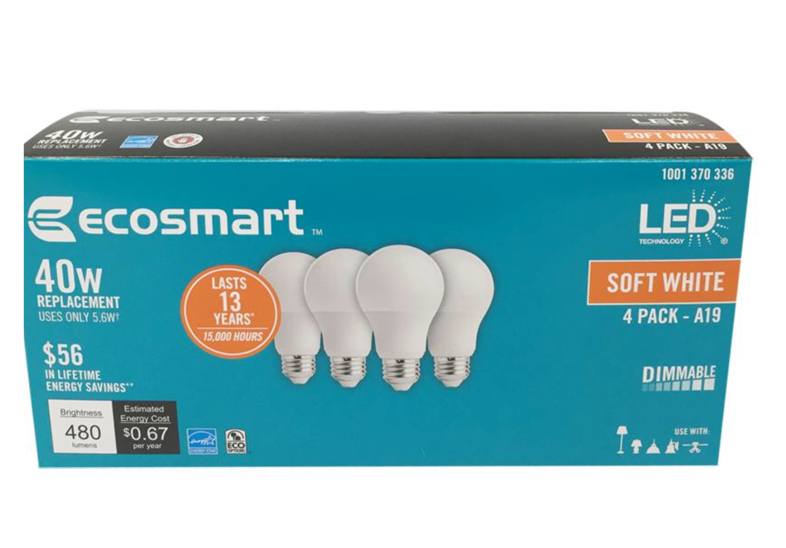 EcoSmart 40-Watt Equivalent A19 Dimmable LED Light Bulb, Soft White (4 ...