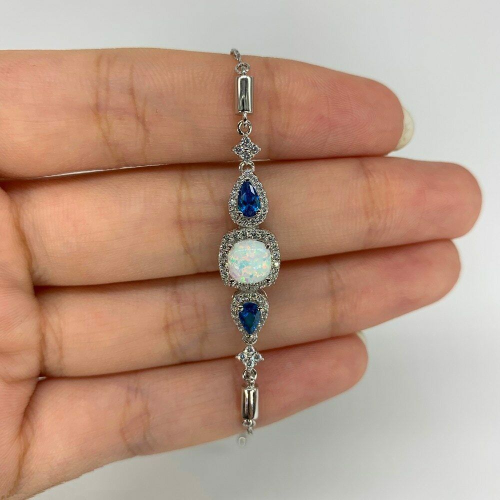 925 Sterling Silver Bracelet Adjustable Slide Clasp White Opal Blue