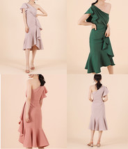 A Line One Shoulder Midi Dress Summer Wedding Bridesmaid Dress, Dark Green Blush
