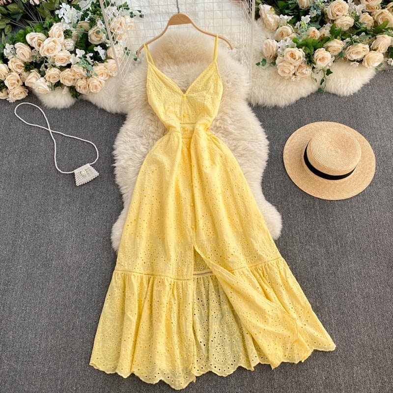 New yellow cotton lace V neck buttons spaghetti strap women long summer dress