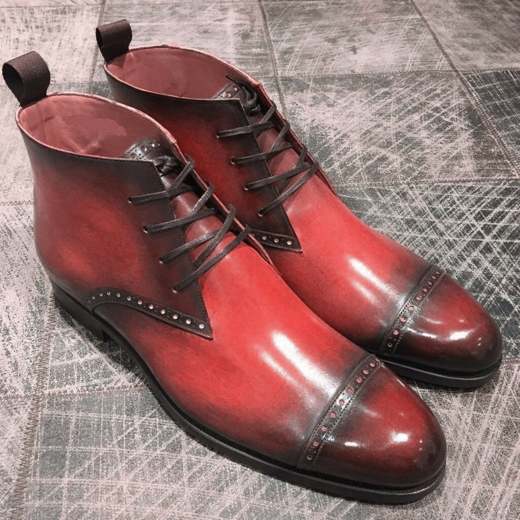New Hand Made Peach High Ankle Men Burnished Cap Toe Derby Leather Boots 2019