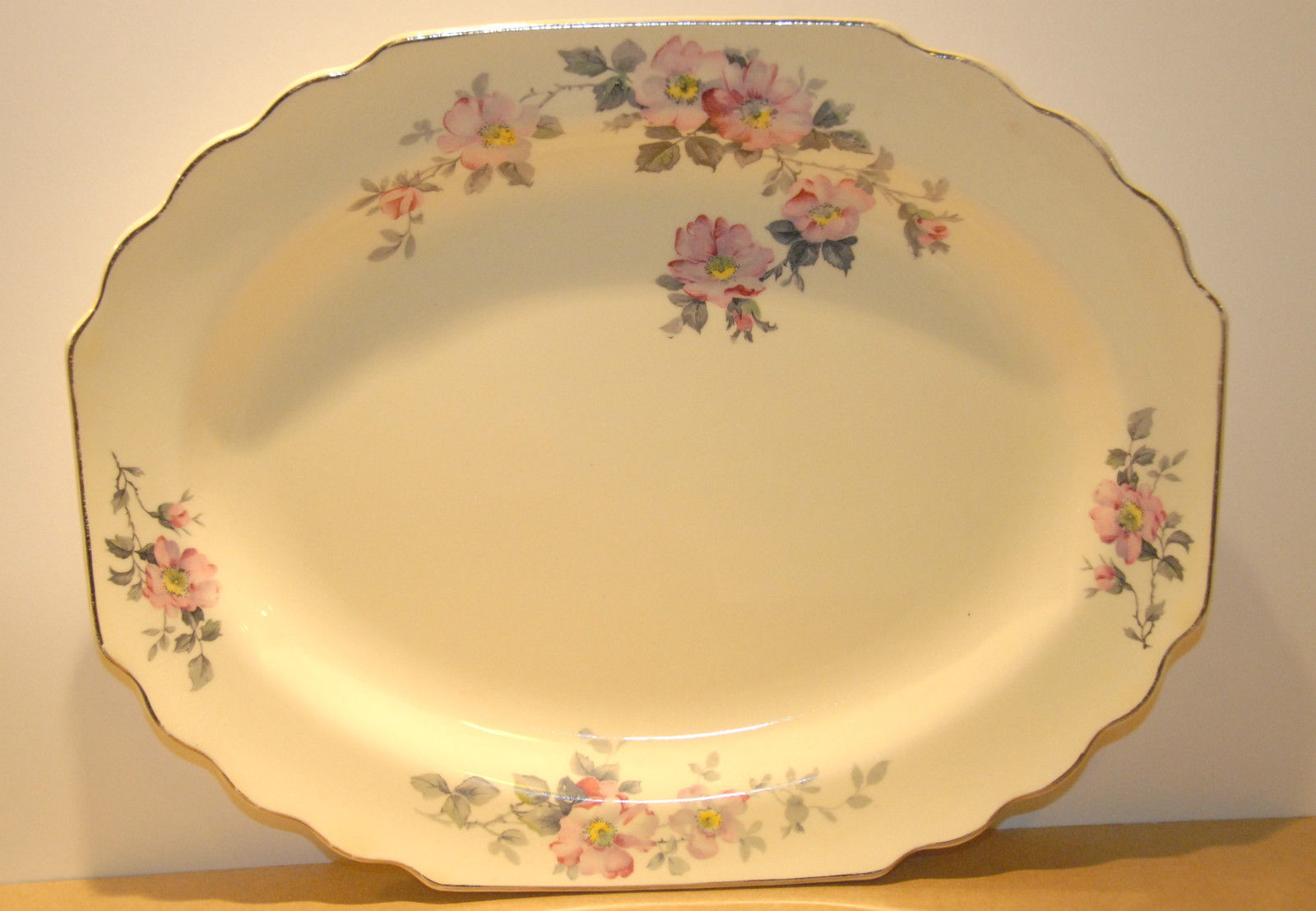 W S George Blossoms Canarytone Pink Flowers Gray Leaves Saucer