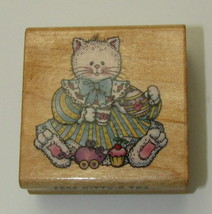 Kittys Tea Rubber Stamp Cat Wearing Dress Teapot Comotion Wood Mounted - $5.81