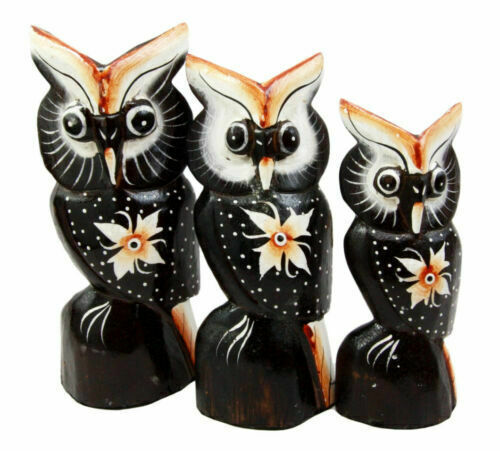 Balinese Wood Handicrafts Star Flower Night Owl Family Set of 3 Figurines 7.5H