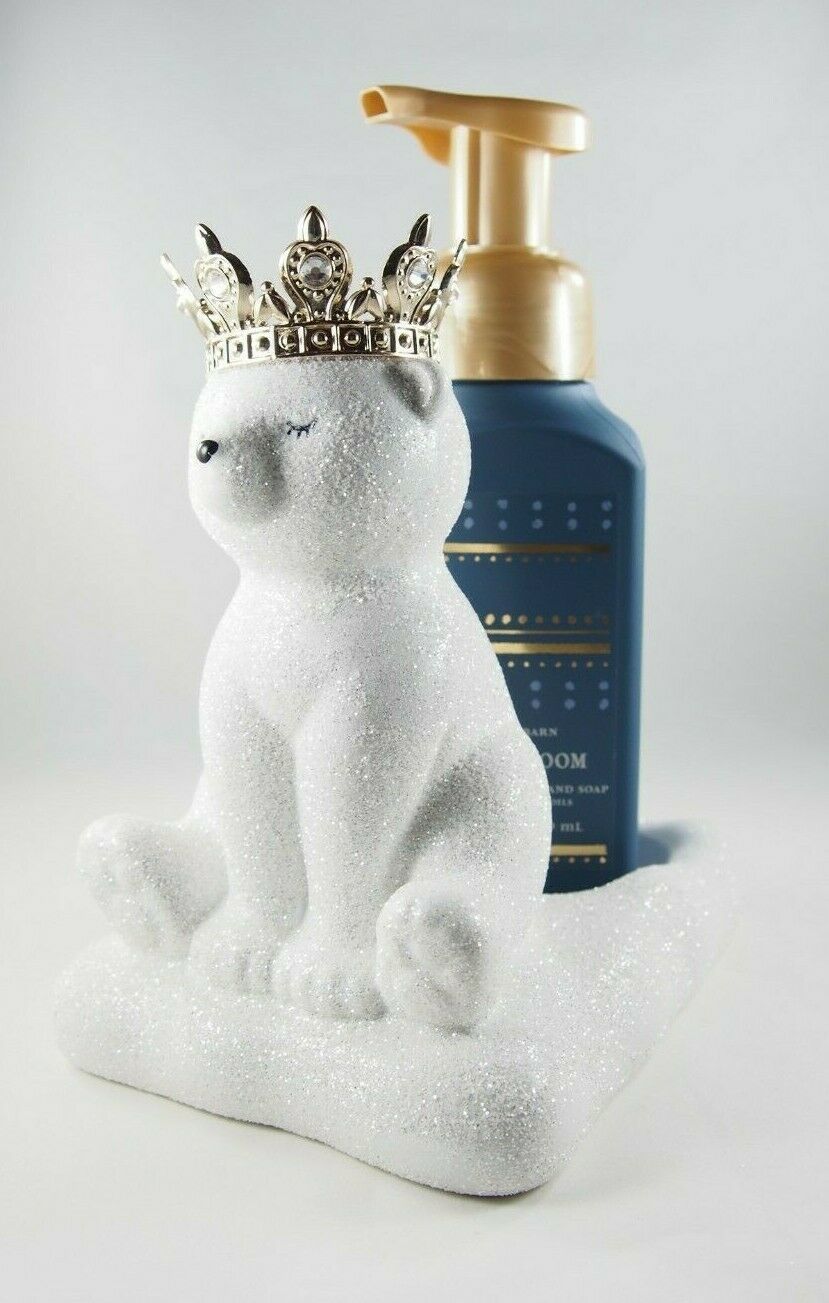 (1) Bath & Body Works White Glitter Bear Gold Crown Soap Dispenser Holder New