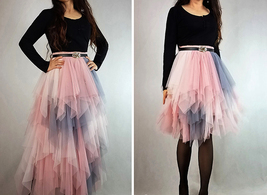 Pink Layered Tulle Midi Skirt High Waisted Midi Tulle Ruffle Skirt Custom image 2