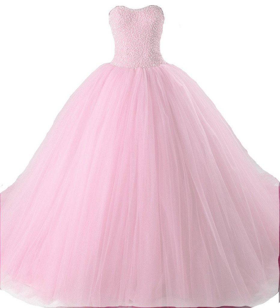 Kivary Beaded Crystals Pearls Sweetheart Long Tulle Prom Formal Quinceanera Dres