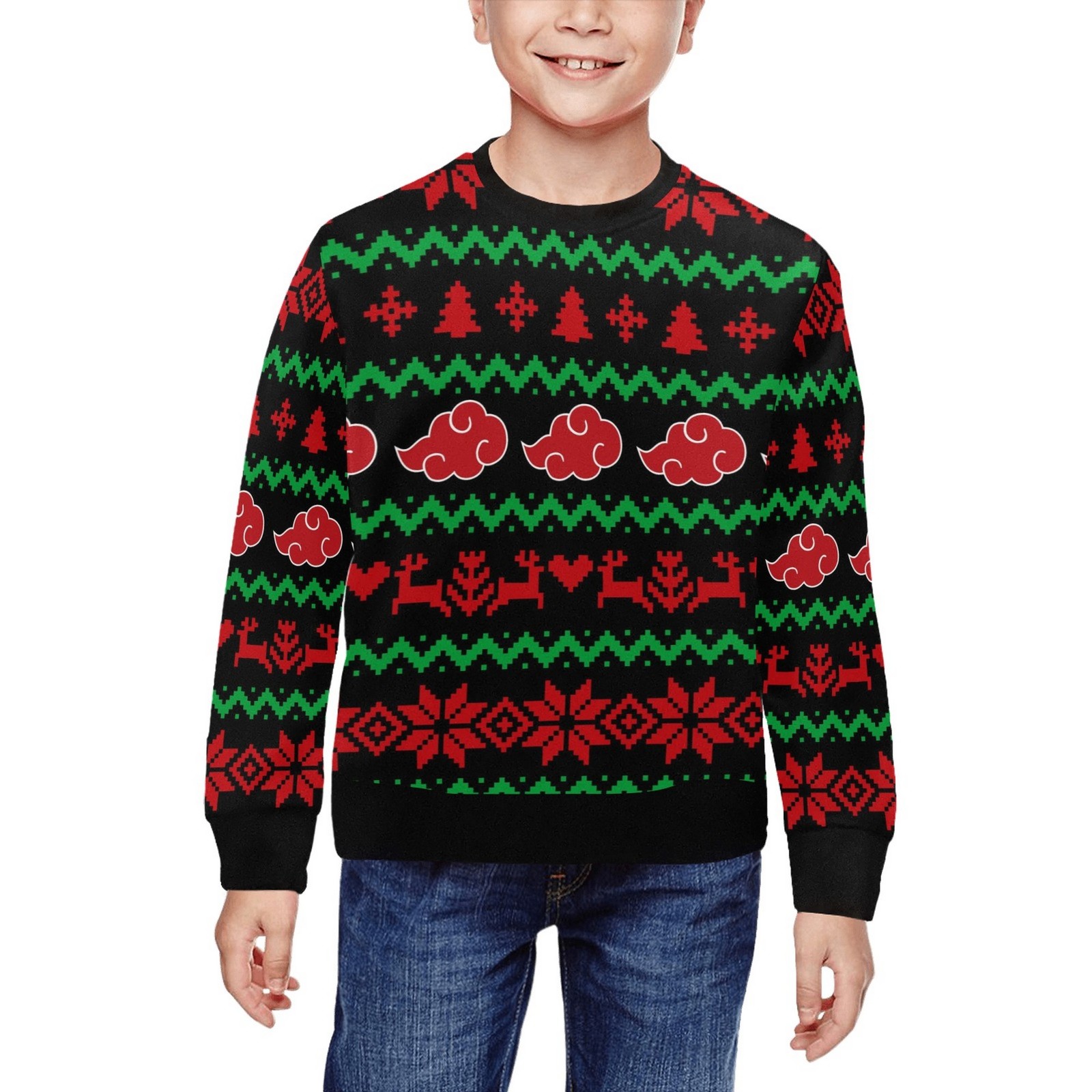 Black Anime Cloud Ugly Christmas Rib Cuff Crewneck Sweatshirt for Kids