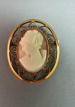 12k Rose Gold Filled Cameo Brooch Hand Carved Open Work Frame Left Facing Nice! - $38.61