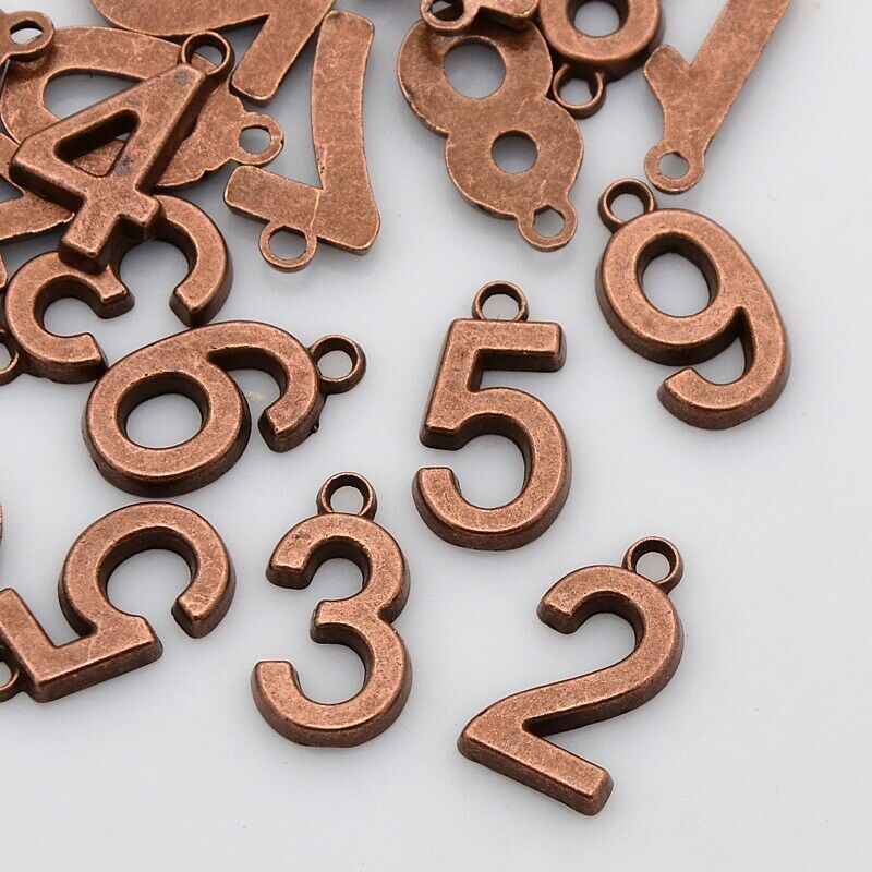10 Number Charms Antiqued Copper Tone Assorted Pendants Numeral Pendants