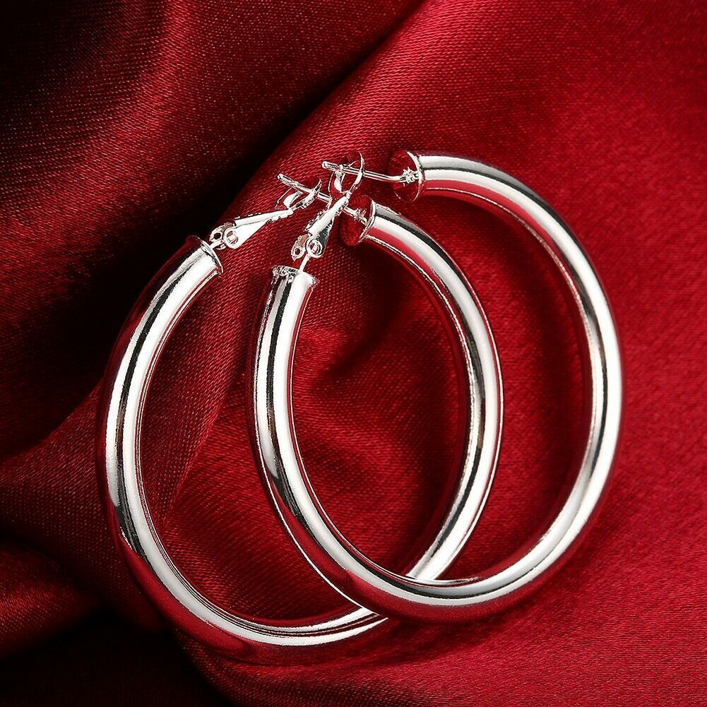 Classic  Silver Fashion 2inch /50mm Large Round Tube Hoop Earrings