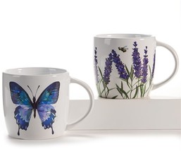 Coffee Mugs Set of 2 Blue Butterfly Purple Iris 18 oz Porcelain Nature Accents 