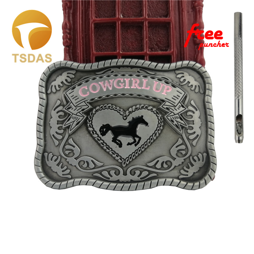 Western Cowgirl Up Belt Buckle With Silver Finish Horse Metal Belt