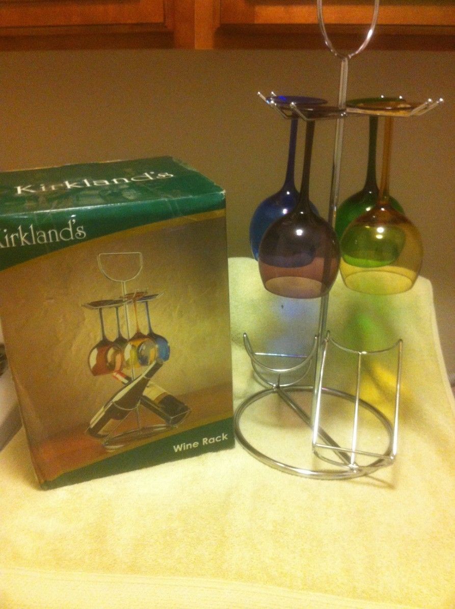 KIRKLAND'S CHROME WINE RACK & 4) WINE GLASSESNEW IN BOX Wine Racks