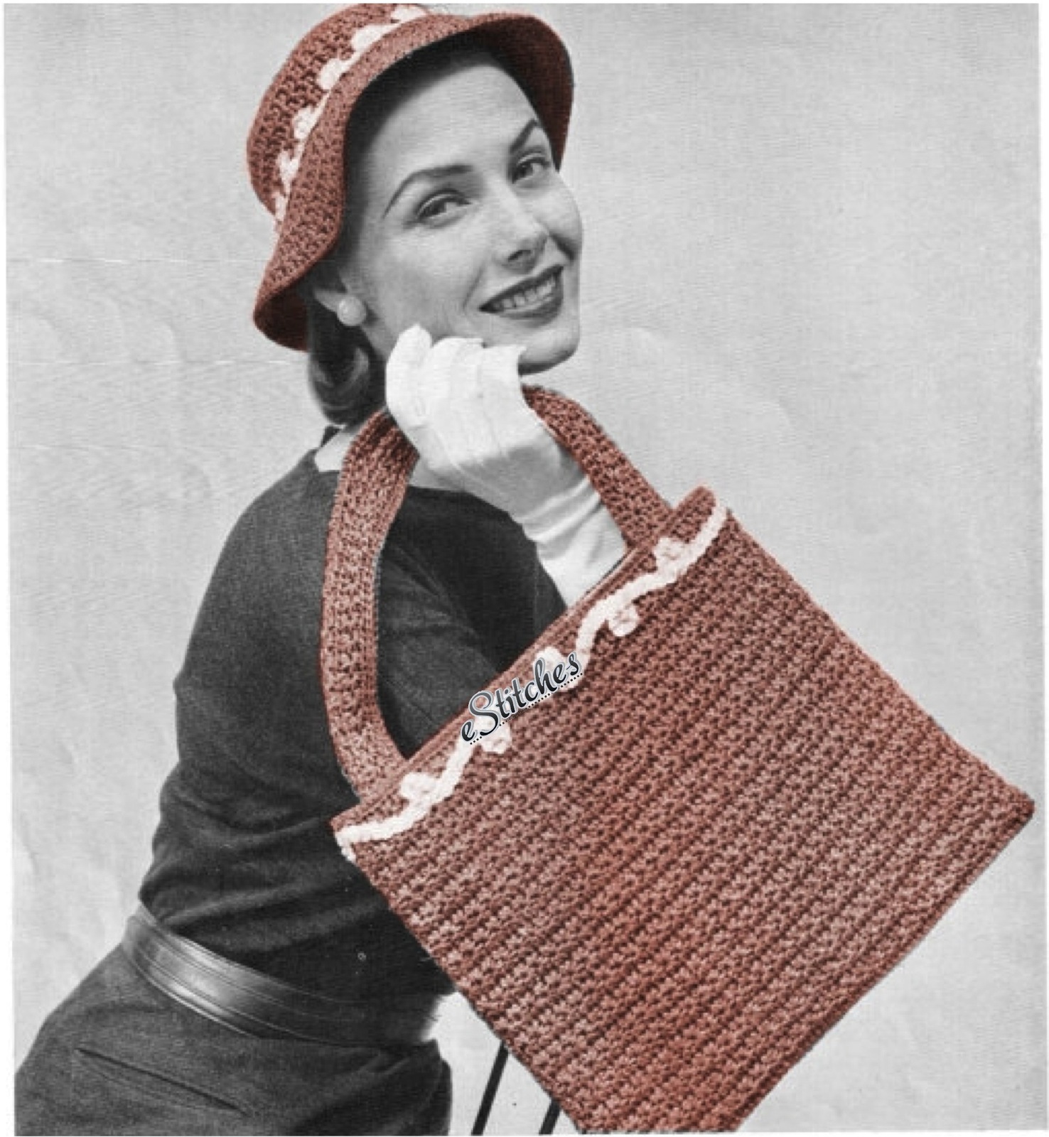 1950s Flat Bag with Handles wtih Floppy Hat Brimmed - Crochet pattern (PDF 3755) - $3.75