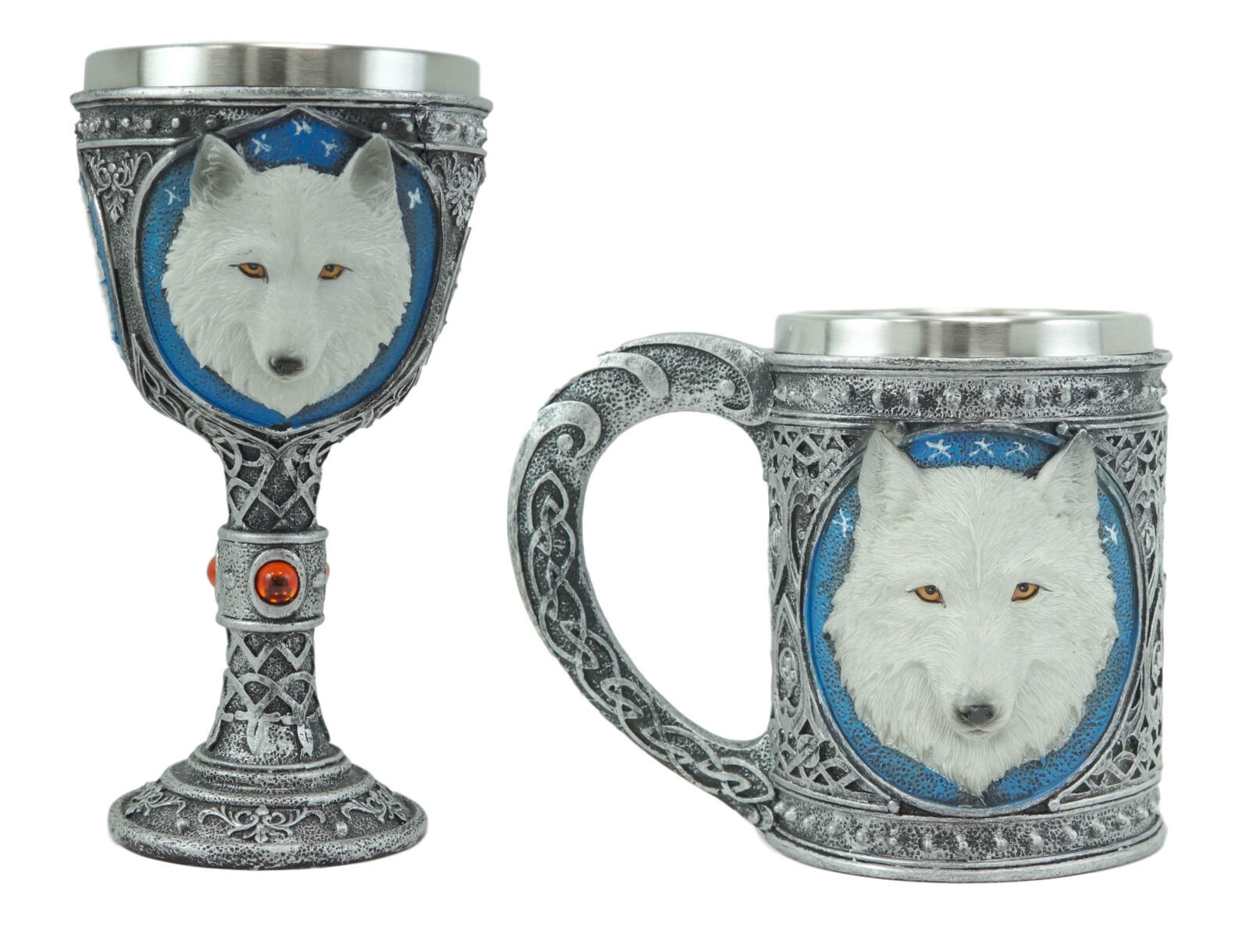 Ebros Large Celtic Direwolf White Snow Wolf Coffee Mug & Wine Goblet Chalice Set