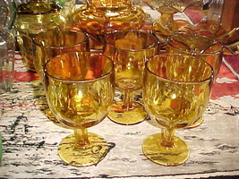 6)Large Amber ThumbPrint Glass Goblets;6¼&quot; Tall x 3¾&quot; Rim Diameter;PEDESTA - $24.99